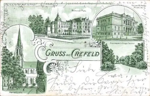 Litho Krefeld am Niederrhein, Marienkirche, Bismarckplatz, Kaiser Wilhelm Museum, Friedrichsplatz