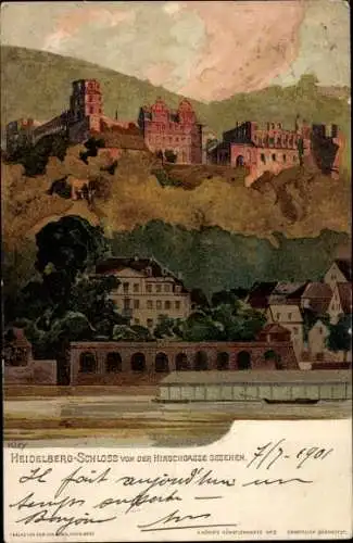 Künstler Ak Kley, Heidelberg am Neckar, Schloss von der Hirschgasse gesehen
