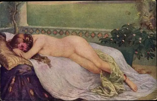 Künstler Ak Ridel, Liebeskummer, Nackte Frau im Bett