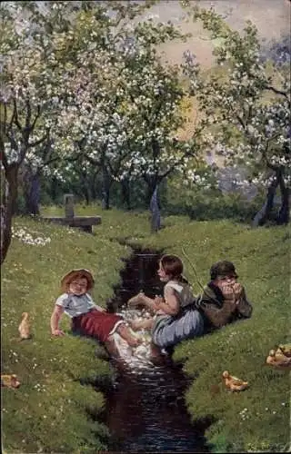 Künstler Ak Liebscher, Ad., Am Bache, Kinder, Entenküken
