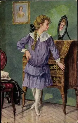 Künstler Ak Rowland, Fr., Klein-Elschen, Mädchen betrachtet sich im Spiegel