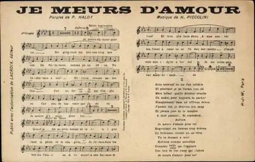 Lied Ak Je Meurs d'Amour, Musik von H. Piccolini, Text von P. Haldy