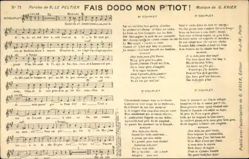 Lied Ak Fais dodo mon P'Tot, Musik von G. Krier, Text von R. Le Peltier
