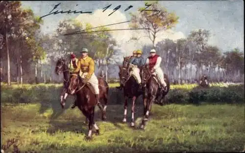 Ak Jockeys zu Pferden, Wiese, Wald, Hindernisrennen, Am offenen Graben