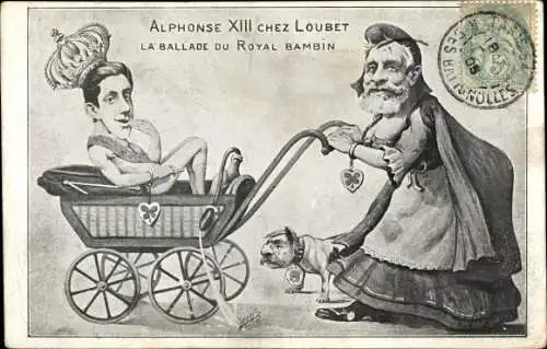 Künstler Ak Orens, Karikatur, König Alphons XIII von Spanien, Emile Loubet, Kinderwagen