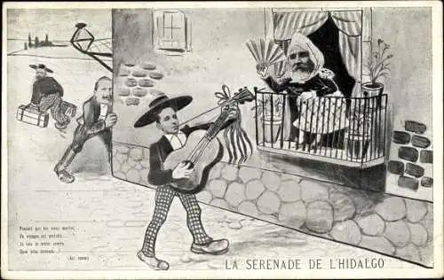 Künstler Ak La Serenade de l'Hidalgo, Alfons XIII, Emile Loubet, Karikatur