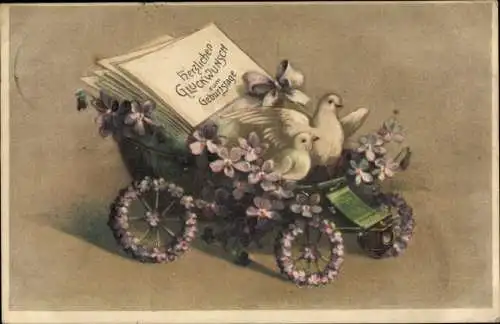 Ak Glückwunsch Geburtstag, Tauben, Automobil aus Veilchen