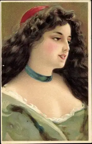 Litho Portrait einer Frau mit langen dunklen Haaren