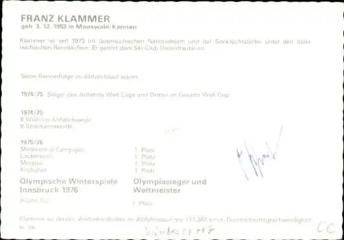 Ak Skirennläufer Franz Klammer, Portrait, Medaille