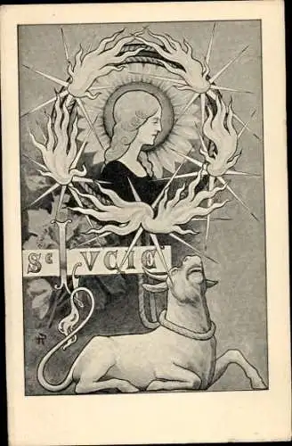 Jugendstil Künstler Litho St. Lucie, Stier, Seil, Frau vom Feuer umkreist