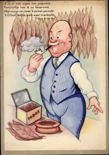 Ak Mann raucht Pfeife, Tabak, Blätter