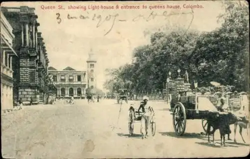 Ak Colombo Ceylon Sri Lanka, Leuchtturm, Königsstraße, Königshaus, Riksha