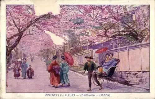 Künstler Ak Yokohama Präf. Kanagawa Japan, Kirschblüte, Spaziergänger, Rikschafahrer