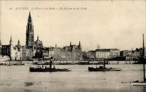 Ak Anvers Antwerpen Flandern, Dampfer im Hafen, Stadt