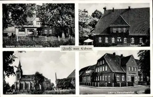 Ak Echem in der Lüneburger Heide, Bäckerei C. Böther, Kirche, Lehr- und Versuchsanstalt, Gebäude