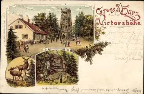 Litho Gernrode Quedlinburg im Harz, Victorshöhe, Gastwirtschaft und Aussichtsturm, Teufelsmühle