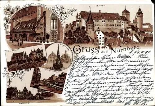 Litho Nürnberg in Mittelfranken, Germanisches Museum, Bratwurst Glöcklein, Burg, Stadtpark, Denkmal