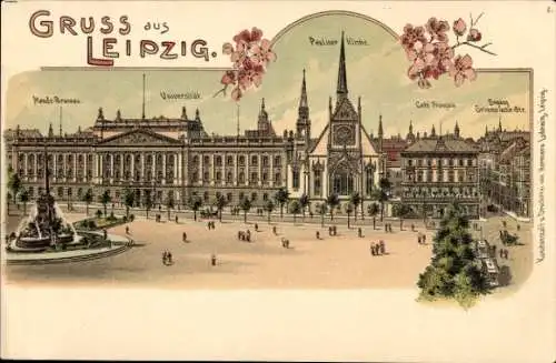 Litho Leipzig in Sachsen, Mendebrunnen, Pauliner Kirche, Cafe, Universität, Grimmaische Straße