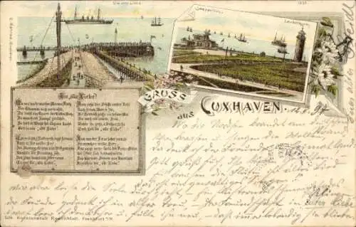 Litho Nordseebad Cuxhaven, Leuchtturm, Seepavillon, Alte Liebe, Gedicht