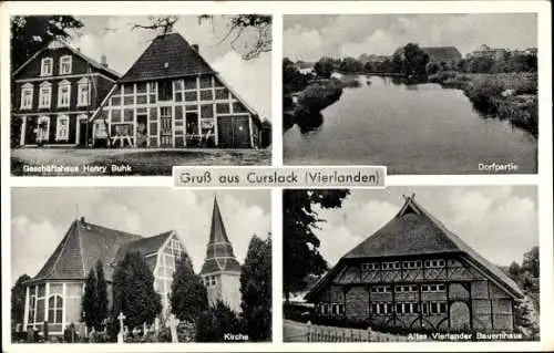 Ak Hamburg Bergedorf Curslack, Geschäftshaus Henry Buhk, Kirche, Vierlander Bauernhaus