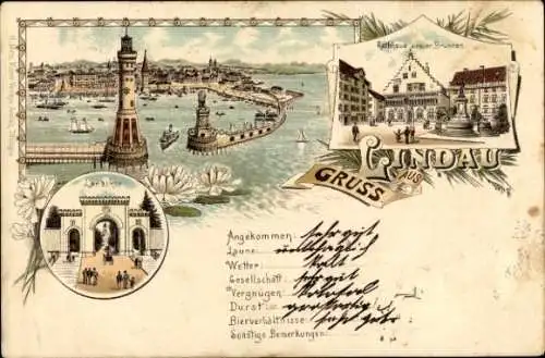 Litho Lindau am Bodensee Schwaben, Leuchtturm, Hafen, Landtor, Rathaus, Brunnen