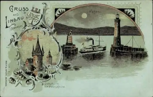 Mondschein Litho Lindau am Bodensee, Hafen, Leuchtturm, Dampfer, Diebsturm, Peterskirche, Wappen