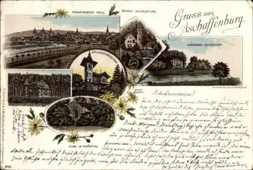 Litho Aschaffenburg in Unterfranken, Schloss Mespelbrunn, Ruine, Schönbusch-Schlösschen, Total