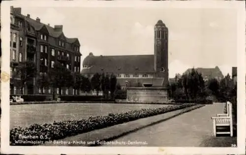 Ak Bytom Beuthen Oberschlesien, Wilhelmsplatz mit Barbarakirche und Selbstschutzdenkmal