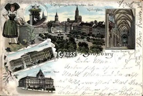 Litho Straßburg Elsass Bas Rhin, Elsässerin, Universität, Kaiserpalast, Kleberplatz, Münster