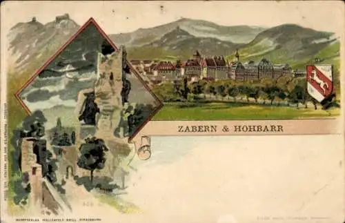 Künstler Litho Greiner, Saverne Zabern Elsass Bas Rhin, Haut Barr, Hohbarr, Burgruine, Wappen