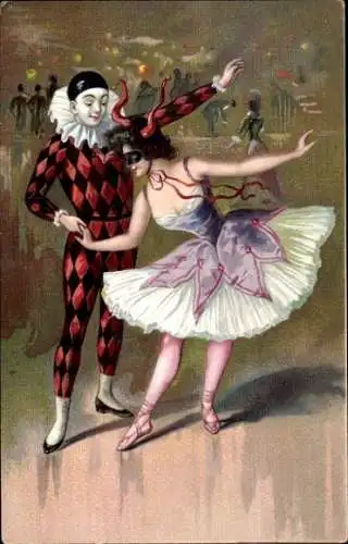 Präge Litho Karneval, Tänzerpaar, Ballerina, Harlekin, Kostüme