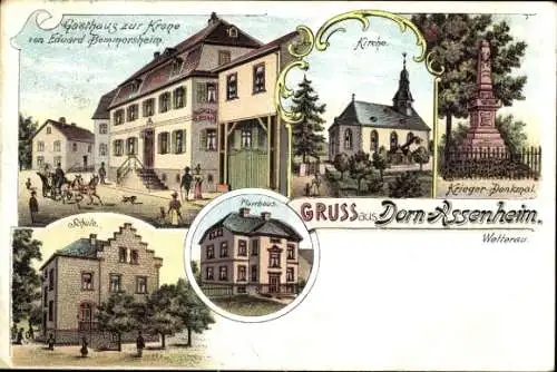 Litho Dorn Assenheim Reichelsheim in der Wetterau Hessen, Pfarrhaus, Schule, Gasthaus zur Krone