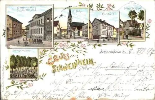 Litho Schweinheim Aschaffenburg in Unterfranken, Bierbrauerei, Kirche, Pfarrhaus, Kriegerdenkmal