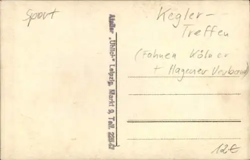 Foto Ak Kegler-Treffen, Fahnen Kölner und Hagener Verband, Festzug