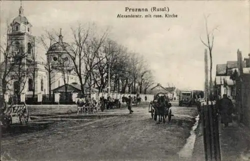Ak Pruzana Pruschany Weißrussland, Alexanderstraße, russische Kirche