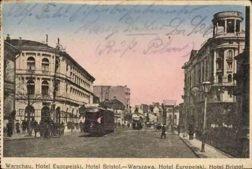 Ak Warszawa Warschau Polen, Hotel Europeiski, Hotel Bristol, Straßenbahn