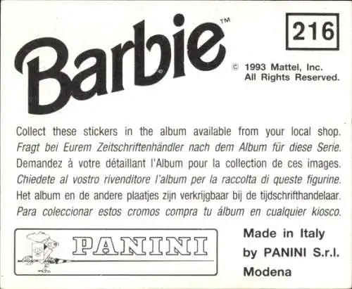 Sammelbild Barbie Nr. 216, Mattel 1993