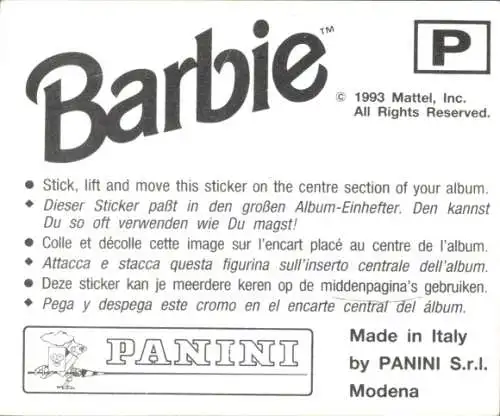 Sammelbild Barbie Nr. P, Rock und Oberteil, Aufkleber, Sticker, Mattel 1993