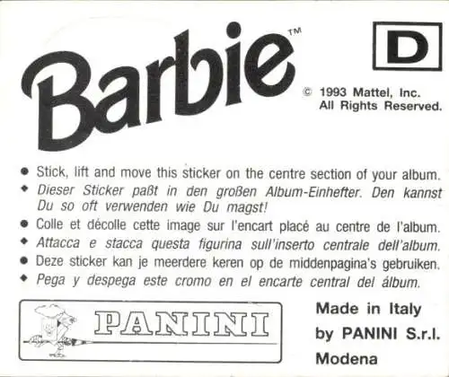 Sammelbild Barbie Nr. D, Einkaufstüten, Aufkleber, Sticker, Mattel 1993