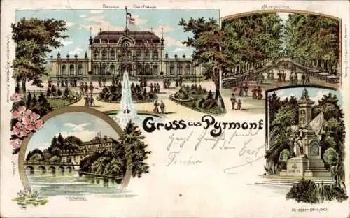 Litho Bad Pyrmont in Niedersachsen, Kriegerdenkmal, Kurhaus, Schloss