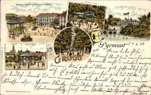 Litho Bad Pyrmont in Niedersachsen, Brunnenplatz, Stahltrinkhalle, Helenenquelle, Schloss