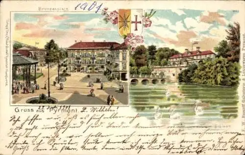 Litho Bad Pyrmont in Niedersachsen, Brunnenplatz, Wasserpartie, Wappen