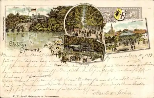 Litho Bad Pyrmont in Niedersachsen, Brunnenplatz, Wasserpartie