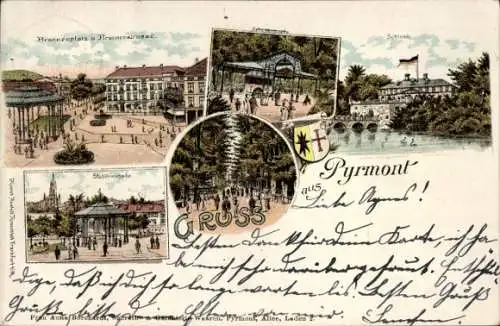 Litho Bad Pyrmont in Niedersachsen, Brunnenplatz, Stahltrinkhalle, Helenenquelle, Schloss