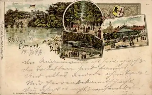 Litho Bad Pyrmont in Niedersachsen, Brunnenplatz, Wasserpartie