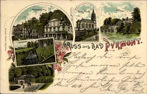 Litho Bad Pyrmont in Niedersachsen, Brunnenplatz, Ev. Kirche, Schloss, Dunsthöhle