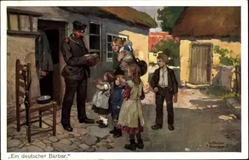 Künstler Ak Roegge, Wilhelm, Ein deutscher Barbar, Soldat, Mutter mit Kindern