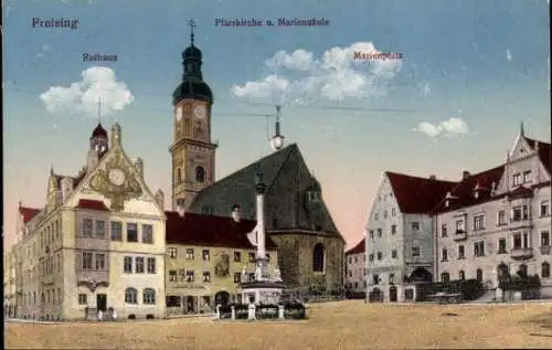 Ak Freising in Oberbayern, Rathaus, Marienplatz, Pfarrkirche, Mariensäule