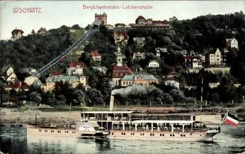 Ak Dresden Loschwitz, Bergschwebebahn Loschwitzhöhe, Elbe, Dampfer Karlsbad