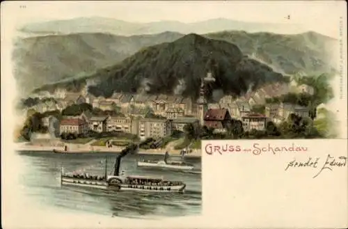 Litho Bad Schandau an der Elbe, Gesamtansicht, Elbdampfer